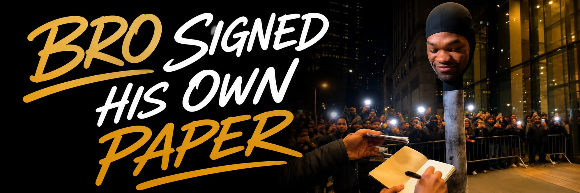 PAPER banner with brainrot characters signing papers